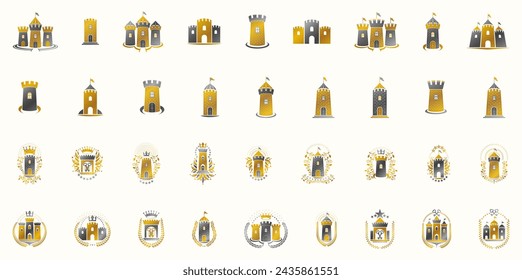 Vintage castles vector logos or emblems, heraldic design elements big set, classic style heraldry architecture symbols, antique forts and fortresses.