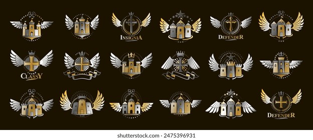 Vintage castles vector logos or emblems, heraldic design elements big set, classic style heraldry architecture symbols, antique forts and fortresses.