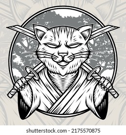 Vintage Cat Samurai. Premium vector