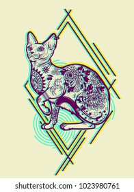 Vintage Cat Tattoo Design. Isolated Psychedelic Vector illustration.