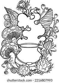 Vintage cauldron with magic potion and fantasy flowers and leaves. Coloring page antistress for children and adults. Vector illustration isolated on white background