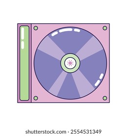 Vintage CD in Box on white background. Retro illustration with outline in 90s style. Isolated vector illustration.