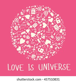 Vintage celebration card for saint valentines day with the heart silhouette and other holiday icons: lips, kiss, key, open lock, wine, mustache, love word, flower, airballoon. Vector illustration. 