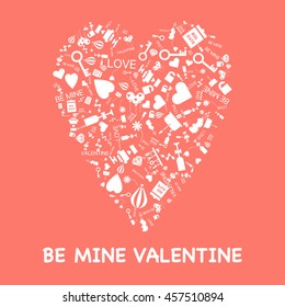Vintage celebration card for saint valentines day with the heart silhouette and other holiday icons: lips, kiss, key, open lock, wine, mustache, love word, flower, airballoon. Vector illustration. 