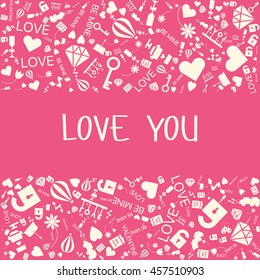 Vintage celebration card for saint valentines day with the heart silhouette and other holiday icons: lips, kiss, key, open lock, wine, mustache, love word, flower, airballoon. Vector illustration. 