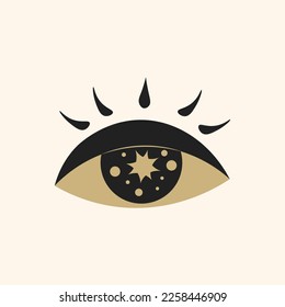 Vintage celestial eye. Black and gold eye with star. Elegant isolated vector illustration on beige background for greeting card, poster