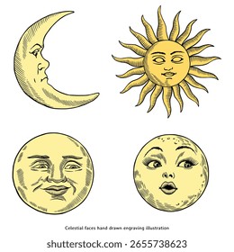 Vintage Celestial Faces of the Sun and Moon – Hand Drawn Engraving Illustration