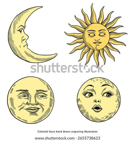 Vintage Celestial Faces of the Sun and Moon – Hand Drawn Engraving Illustration