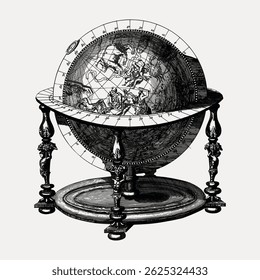 Vintage celestial globe illustration with intricate details. The globe shows constellations, celestial globe design, and antique style. Artistic celestial globe. Vintage art illustration vector.