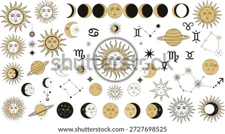Vintage celestial icons featuring sun and moon faces, zodiac signs, constellations, and mystical planetary symbols in gold and black