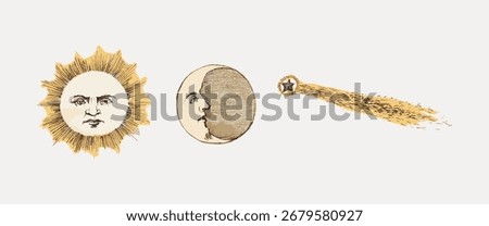 Vintage celestial illustrations featuring the sun, moon, and comet. Sun with face, moon with profile, comet with tail. Retro celestial theme, sun, moon, comet. Moon illustration vector.