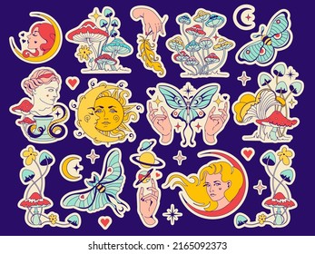 Vintage Celestial magic set of stickers. Isolated badges: crescent moon, sun, boho moth, mushrooms, butterfly. Mysterious alchemy isolated witchcraft. Graphic prints for tee, t shirt.