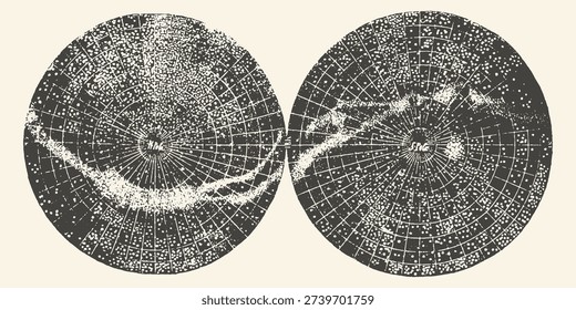 Vintage Celestial Map Fragment: Two Circular Astronomical Charts with Star Clusters and Grid Patterns on White Background