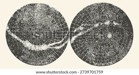 Vintage Celestial Map Fragment: Two Circular Astronomical Charts with Star Clusters and Grid Patterns on White Background