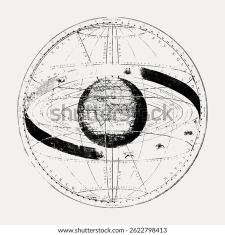 Vintage celestial map with planets, stars, and orbits. Detailed celestial illustration, showcasing planets and stars in a vintage astronomical style. Vintage illustration vector.