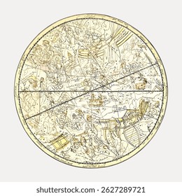 Vintage celestial map showing constellations and zodiac signs. Detailed constellations and zodiac signs on an antique celestial map. Historical star chart design. Vintage art illustration vector.