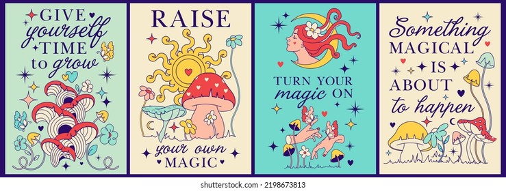 Vintage Celestial mystic vector prints and posters with slogans and quotes. Vintage crescent moon, boho alchemy, folk gypsy style. Retro devine graphic for tee, t shirt.