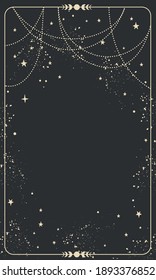 Vintage celestial mystical background for astrology, divination, tarot. Black postcard with a frame in a bohemian design, stars and jewelry, copy space. Magic vector illustration
