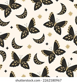 Vintage celestial seamless pattern. Trendy magical repeat vector illustration with butterfly, crescent and stars. Black and golden bohemian elements on beige background