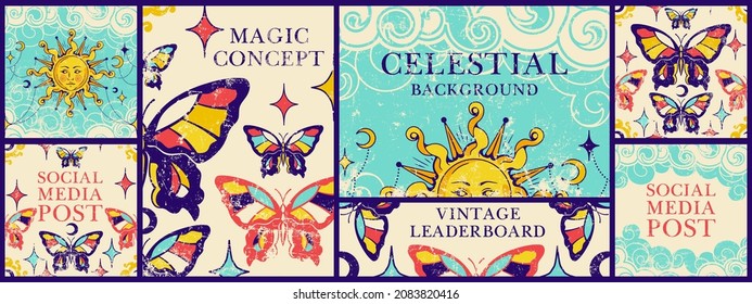 Vintage celestial  templates, leaderboard, frames for quotes or promotion, banners, social media posts. Esoteric mystical theme.