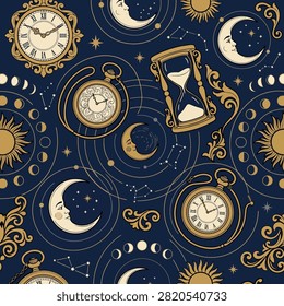 Vintage Celestial Time Pattern with Antique Clocks and Hourglasses