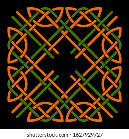 Vintage celtic knot ornament, great design for any purposes. Green and orange cords intertwined in traditional medieval irish style forming a symmetrical Icovellavna. Colorful illustration.