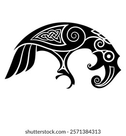 Vintage Celtic Scandinavian design. Raven drawn in retro style, isolated on white, vector illustration