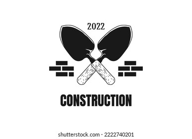 Vintage Cement Spoon Shovel Spade Scoop Trowel and Brick Wall for Builder Construction Logo Design