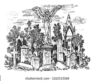 Vintage cemetery landscape with an angel on the background of the forest. Amazing scary place. Mystical landscape for cards, banners and website Vintage Engraved hand drawn monochrome sketch.