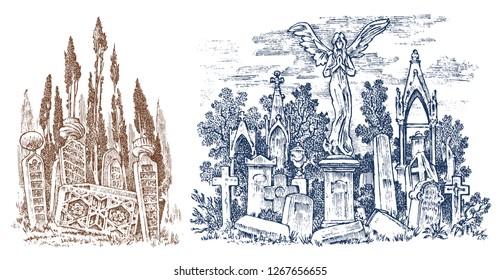 Vintage cemetery landscape with an angel on the background of the forest. Amazing scary place. Mystical landscape for cards, banners and website Vintage Engraved hand drawn monochrome sketch.