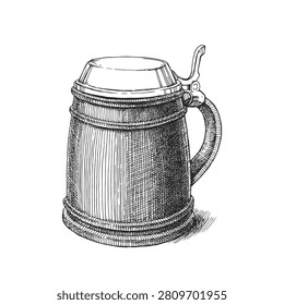 Vintage Ceramic Beer Stein Vector Hand Drawn Ink Illustration Traditional Clay Tankard Pewter Lid Rustic Kitchen Cutlery Sketch