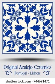 Vintage ceramic tile in azulejo design with blue patterns on white background, traditional Spain and Portugal pottery, vector EPS 10