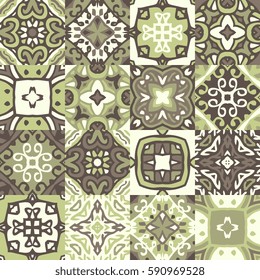 Vintage ceramic tiles. Seamless vector patchwork pattern with ornamental motifs.