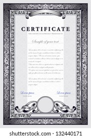 Vintage certificate with silver, luxury, ornamental frames, coupon, diploma, voucher, award template for achievements, progress business, education, art, medicine, etc. floral detailed art elements.