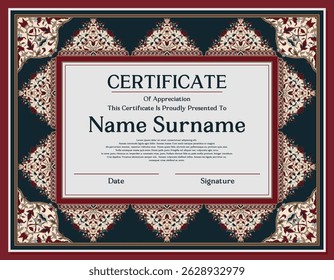 Vintage certificaat sjabloon met elegante floral ornament, Aziatische kraan batik patroon, en klassieke middeleeuwse frame. Perfect voor diploma, award, waardering of decoratief ontwerp.