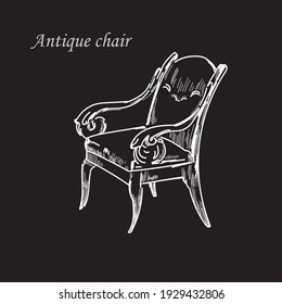 Vintage chair, vector drawing. Empire style. European furniture of the 19th century. Drawing on a black background.