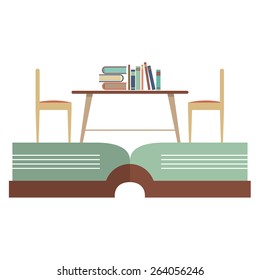 Vintage Chairs And Bookcase On Huge Book Vector Illustration