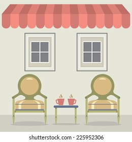Vintage Chairs Set With Coffee Under Awning And Windows Vector Illustration