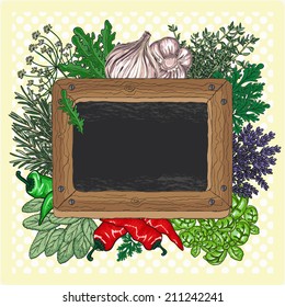 Vintage chalk blackboard for recipe or menu surrounded by fresh vegetables and herbs. Hand drawn vector illustration.
