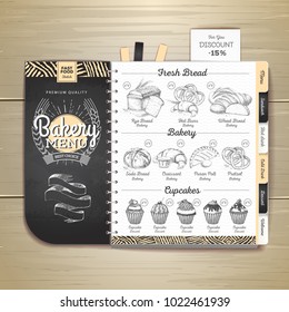 Vintage chalk drawing bakery menu design. Restaurant menu