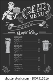 Vintage chalk drawing beer menu design. Restaurant menu.