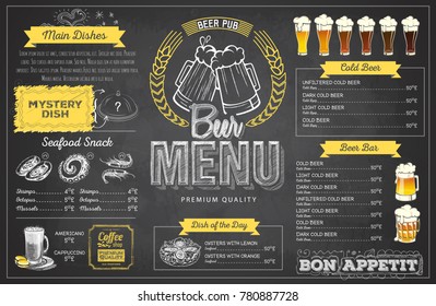 Vintage chalk drawing beer menu design. Restaurant menu