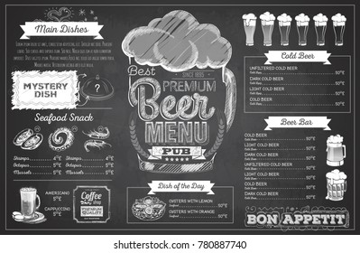 Vintage chalk drawing beer menu design. Restaurant menu