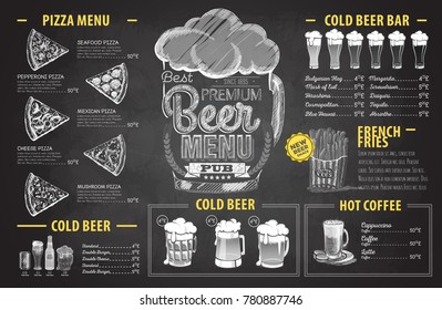 Vintage chalk drawing beer menu design. Restaurant menu