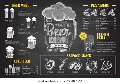 Vintage chalk drawing beer menu design. Restaurant menu