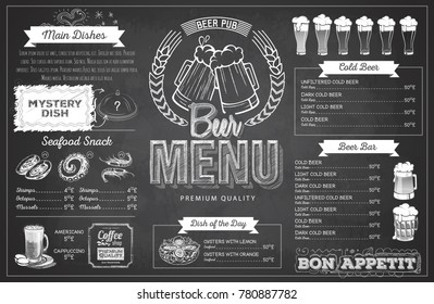 Vintage chalk drawing beer menu design. Restaurant menu