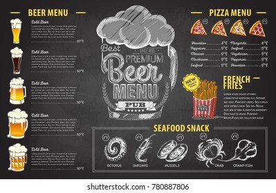 Vintage chalk drawing beer menu design. Restaurant menu