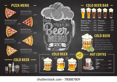 Vintage chalk drawing beer menu design. Restaurant menu