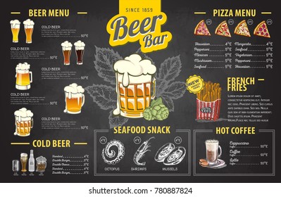 Vintage chalk drawing beer menu design. Restaurant menu