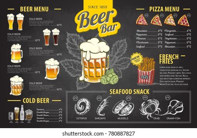 Vintage chalk drawing beer menu design. Restaurant menu